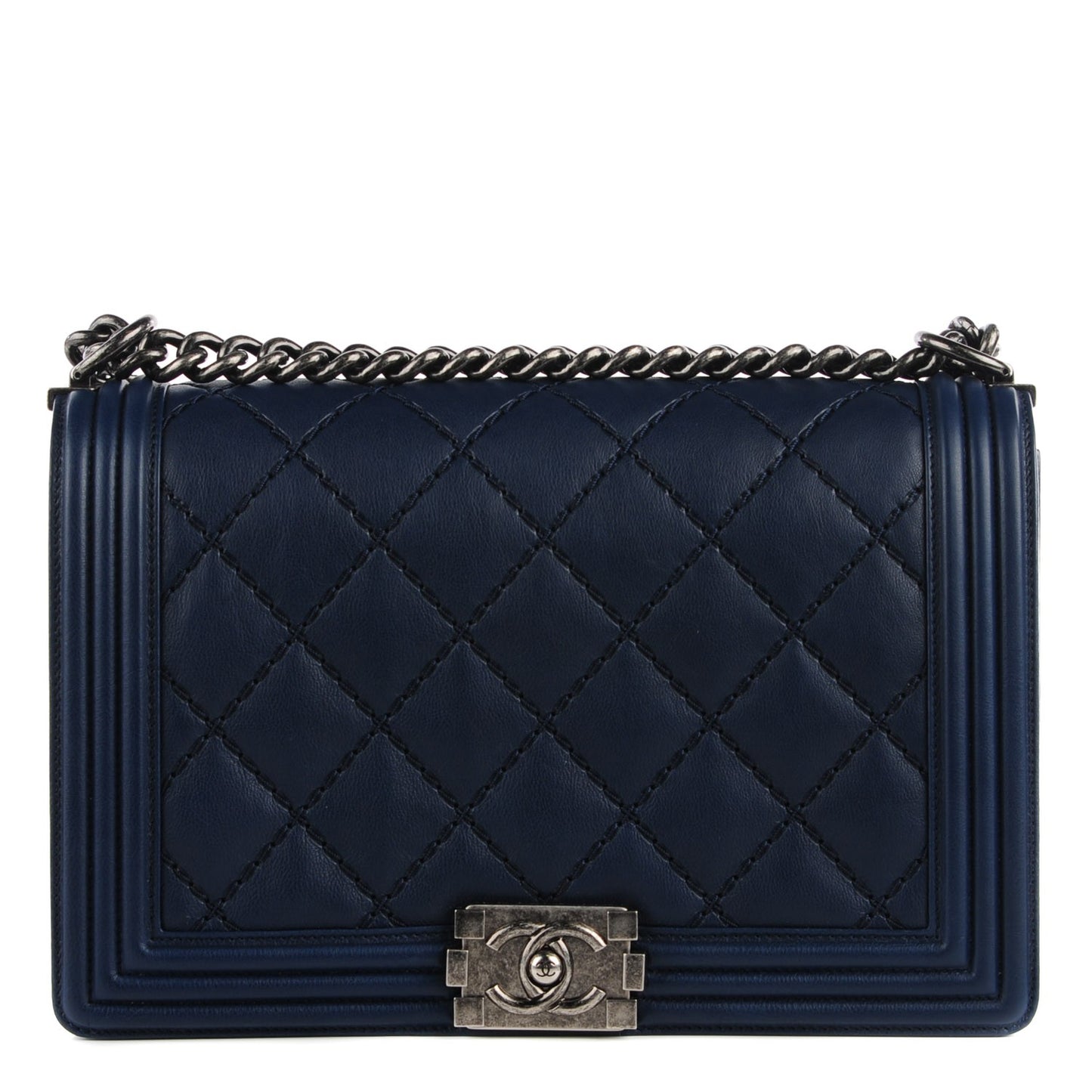 Calfskin Quilted Double Stitch Medium Boy Flap Navy Blue