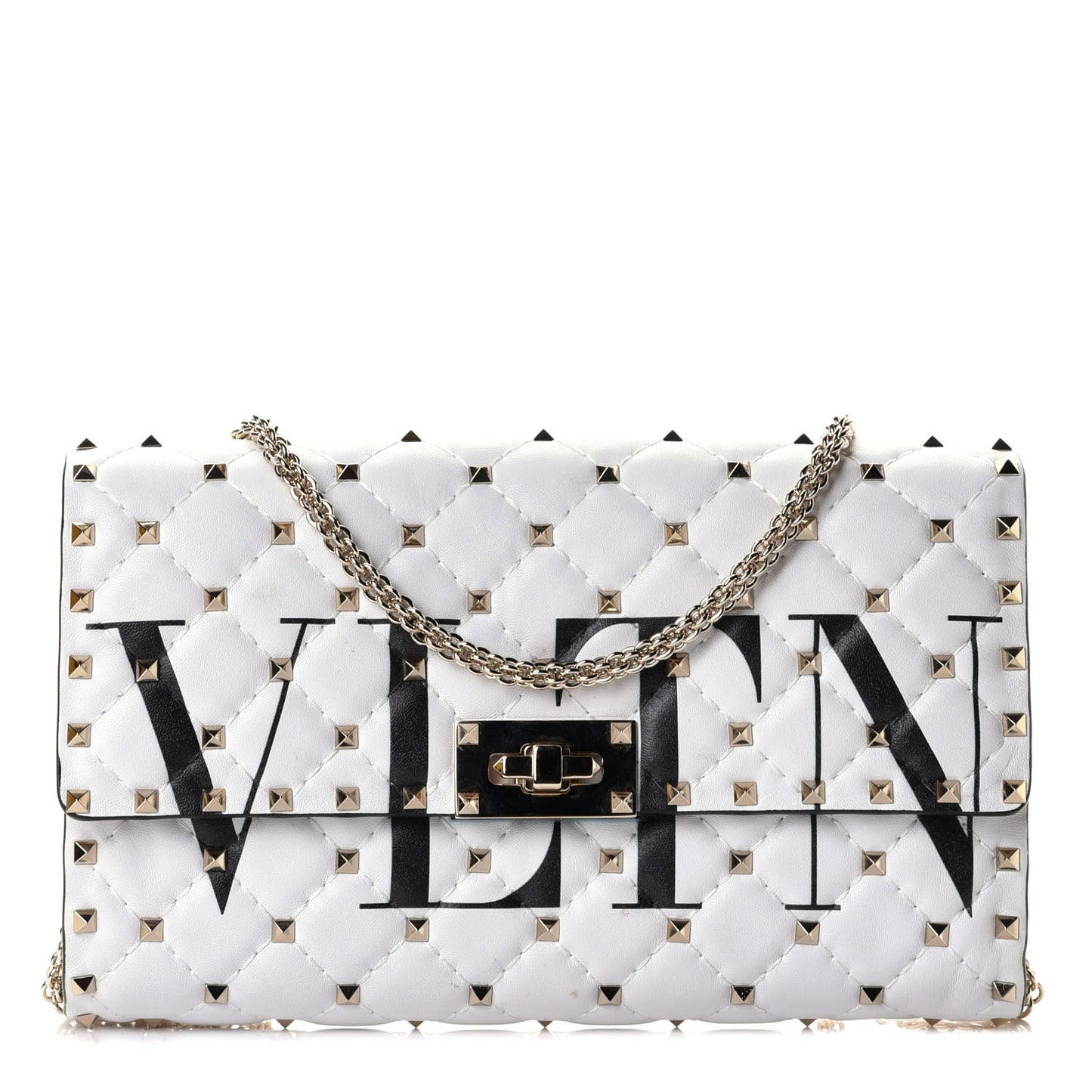 Lambskin VLTN Print Rockstud Spike Wallet On Chain White