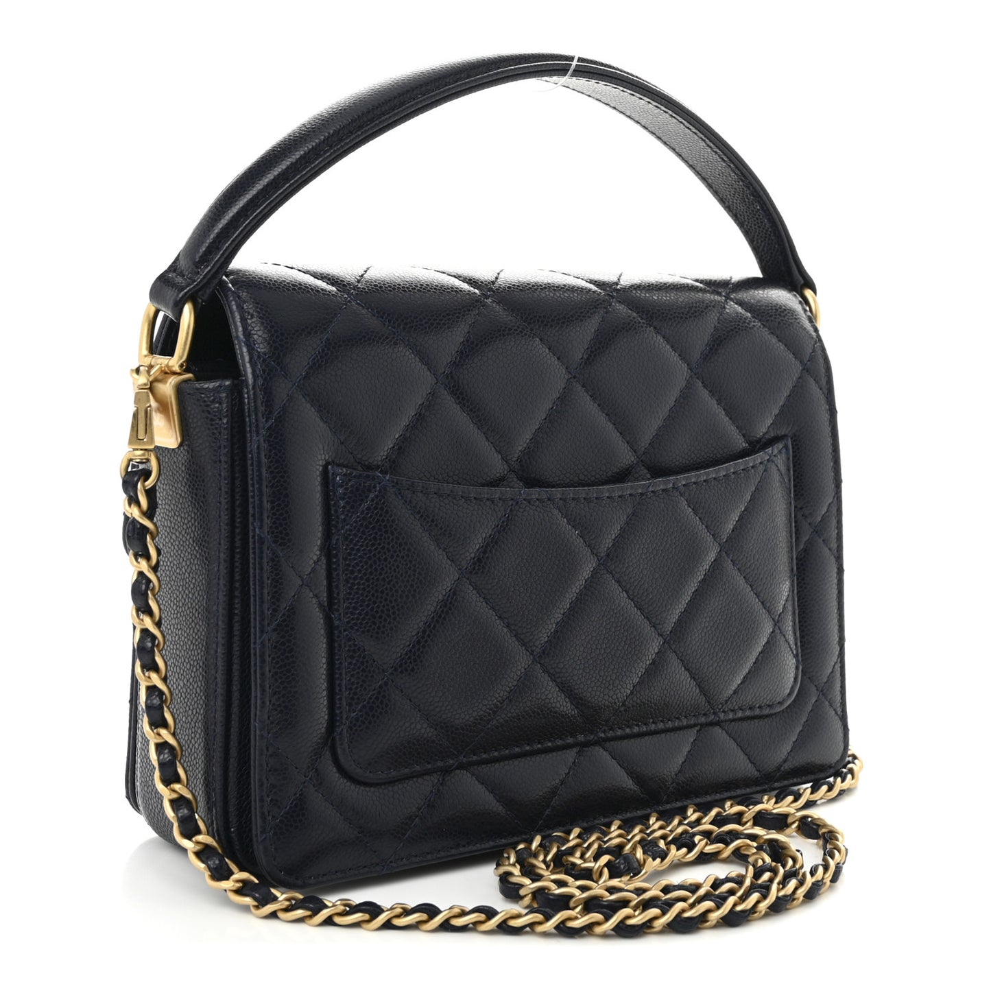 Shiny Caviar Quilted Mini Top Handle Flap Navy Blue