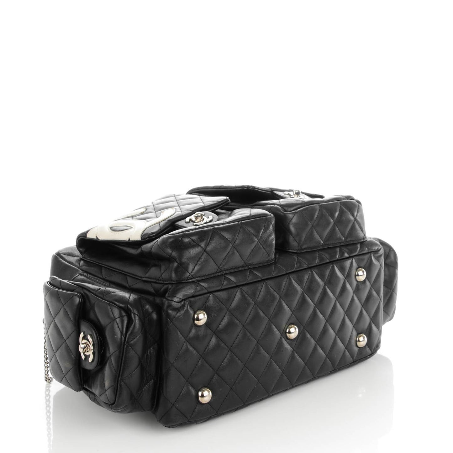 Calfskin Quilted Large Cambon Multipocket Reporter Black White