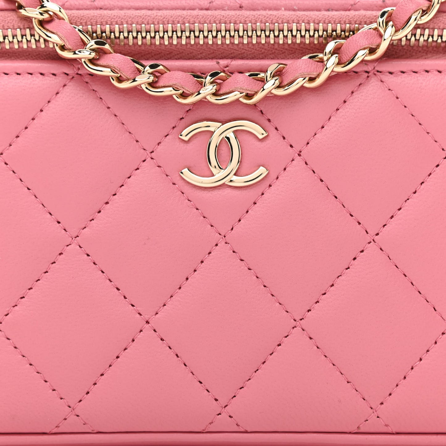 Lambskin Quilted Small Top Handle Vanity Case With Chain Dark Pink