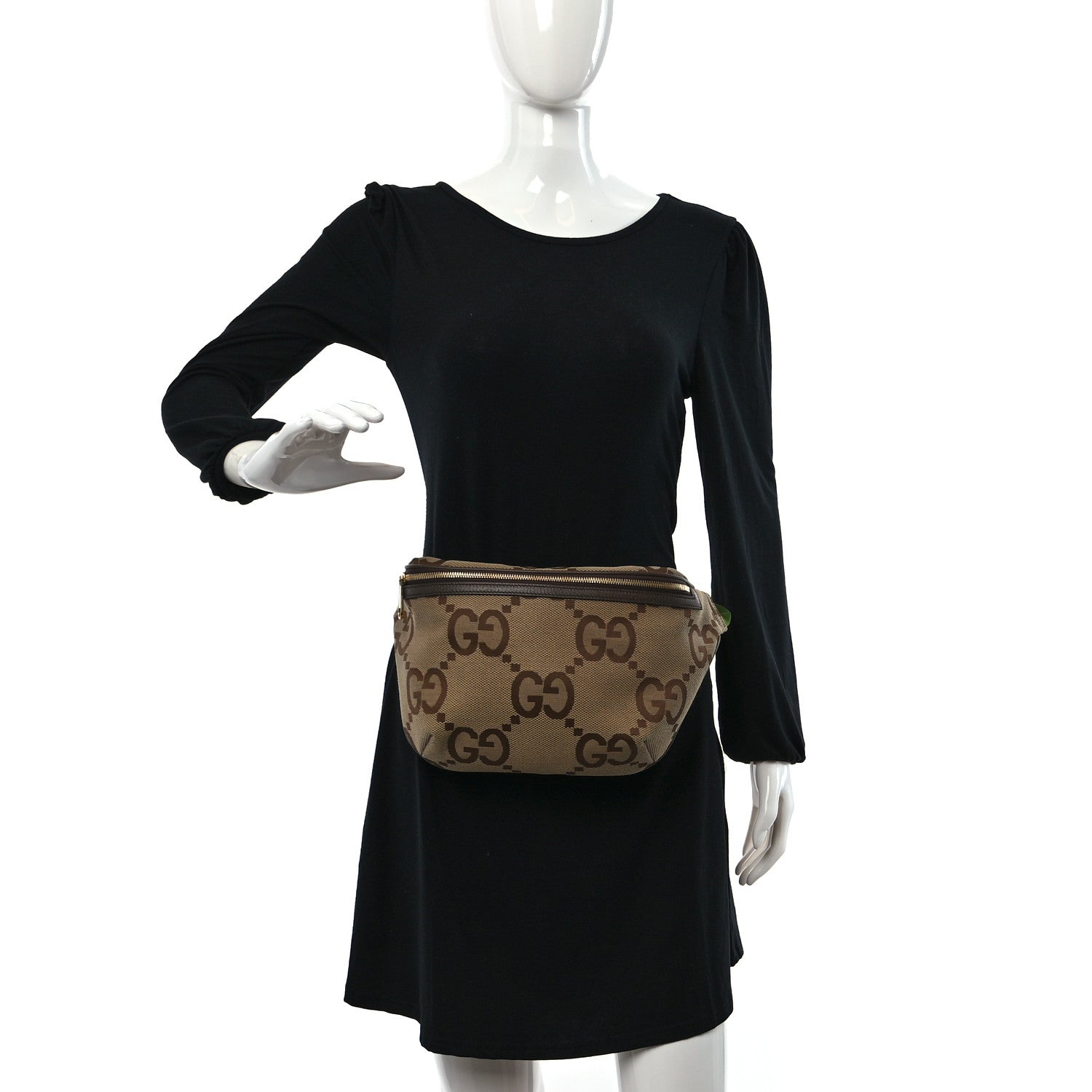 Gucci Monogram Jumbo GG Textured Dollar Calfskin Web Belt Bag Camel Ebony New Acero 2 of 11