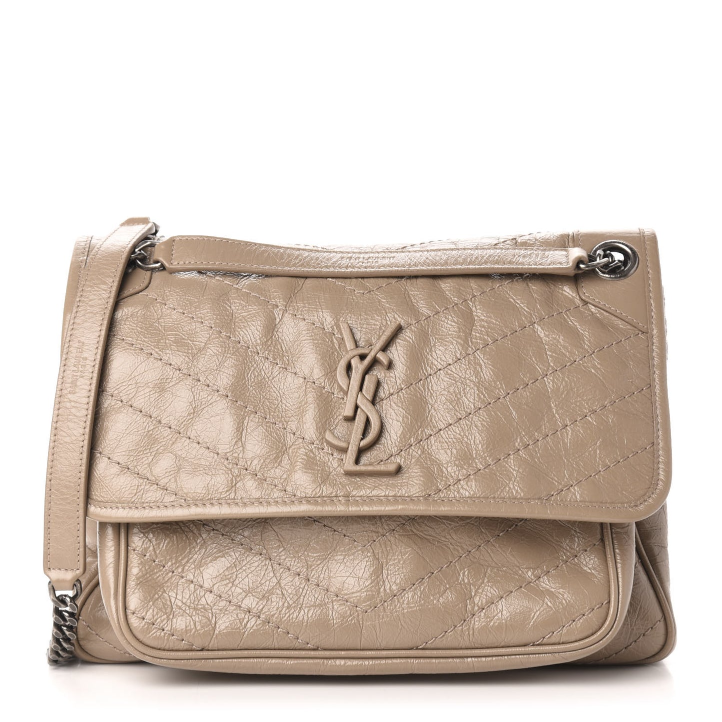 Crinkled Calfskin Matelasse Monogram Medium Niki Chain Satchel Light Taupe