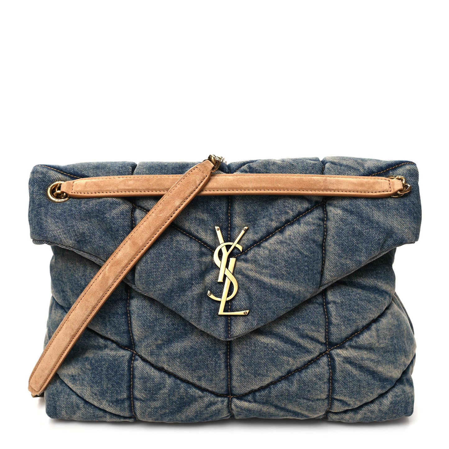 Denim Quilted Medium Loulou Puffer Monogram Chain Satchel Blue Cinnamon