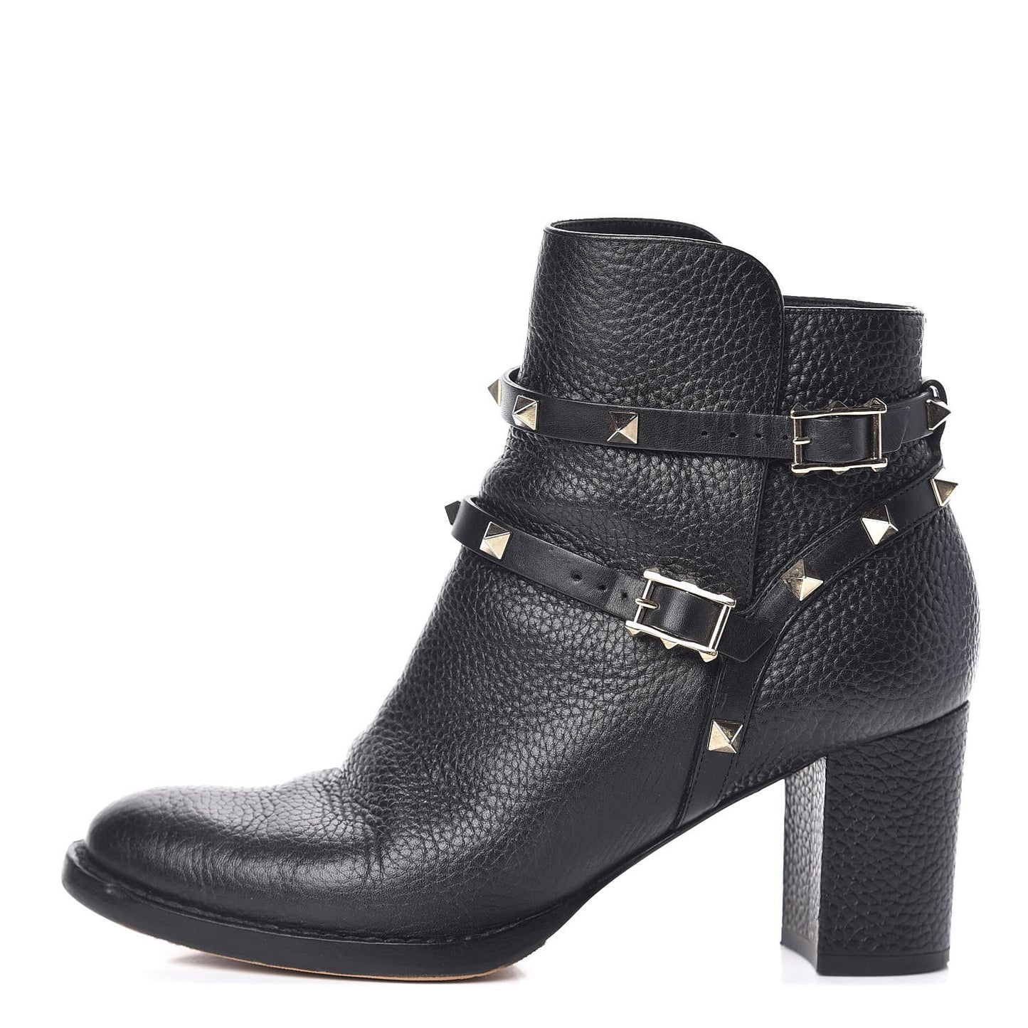 Pebbled Calfskin Rockstud Double Buckle 70mm Block Heel Ankle Boots 36.5 Black