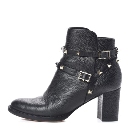 Valentino Garavani Pebbled Calfskin Rockstud Double Buckle 70mm Block Heel Ankle Boots 36.5 Black 1 of 11