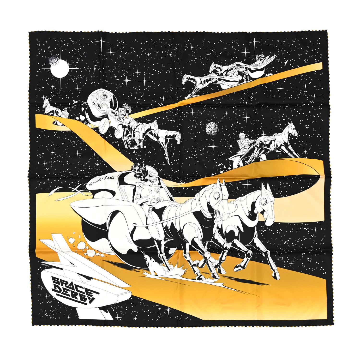 Hermes Silk Space Derby Scarf 90 Black White Gold 1 of 7