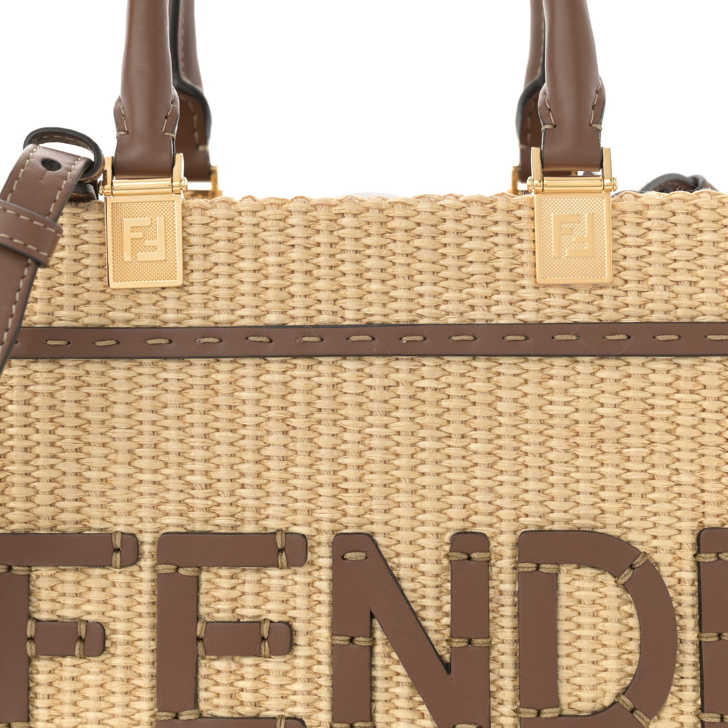 Fendi Paglia Chicco Riso Vitello Grace Logo Embroidered Small Fendi Sunshine Shopper Tote Alchemy Gianduia 9 of 12