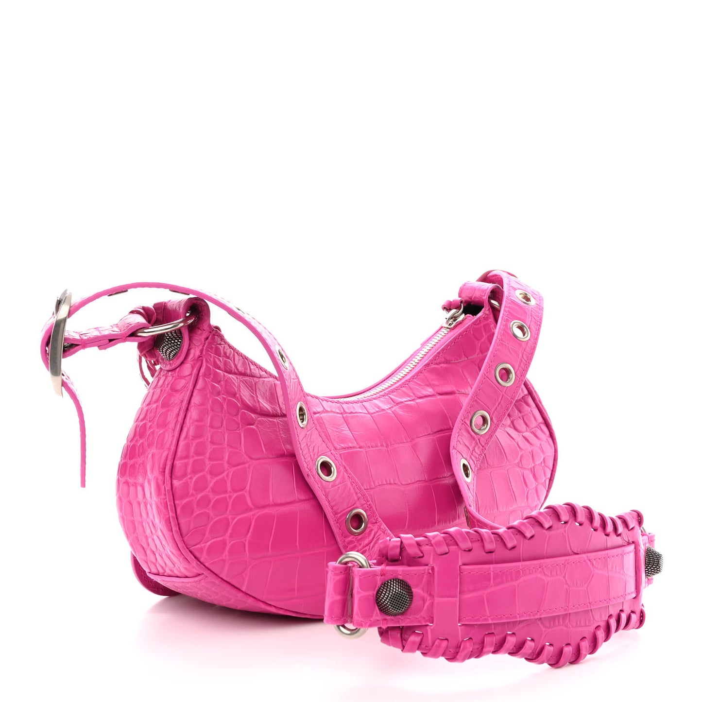Extra Supple Calfskin Crocodile Embossed XS Le Cagole Shoulder Bag Lipstick Pink