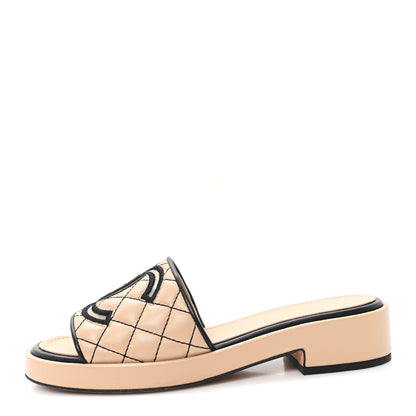 Chanel Lambskin Fabric CC Slide Sandals 38 Beige Black 1 of 10