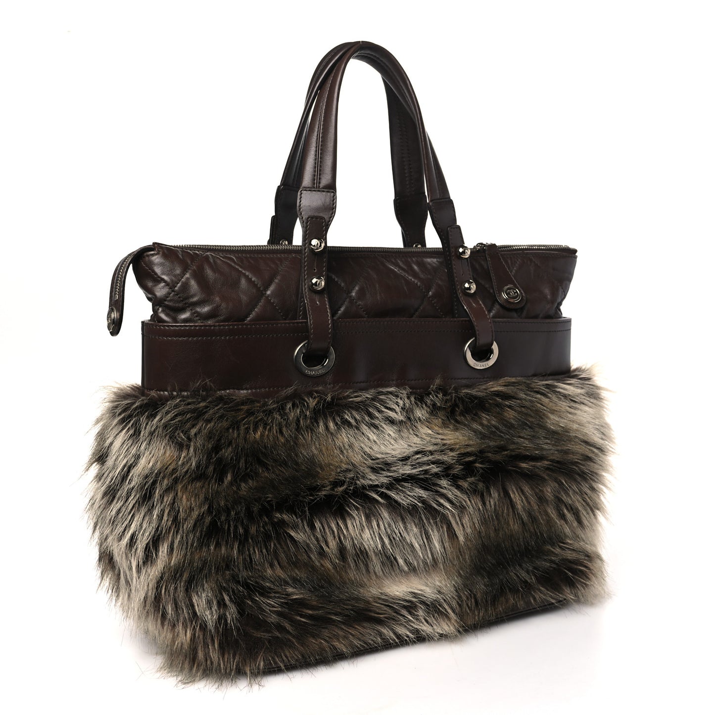 Calfskin Fantasy Fur Shopper Tote Brown