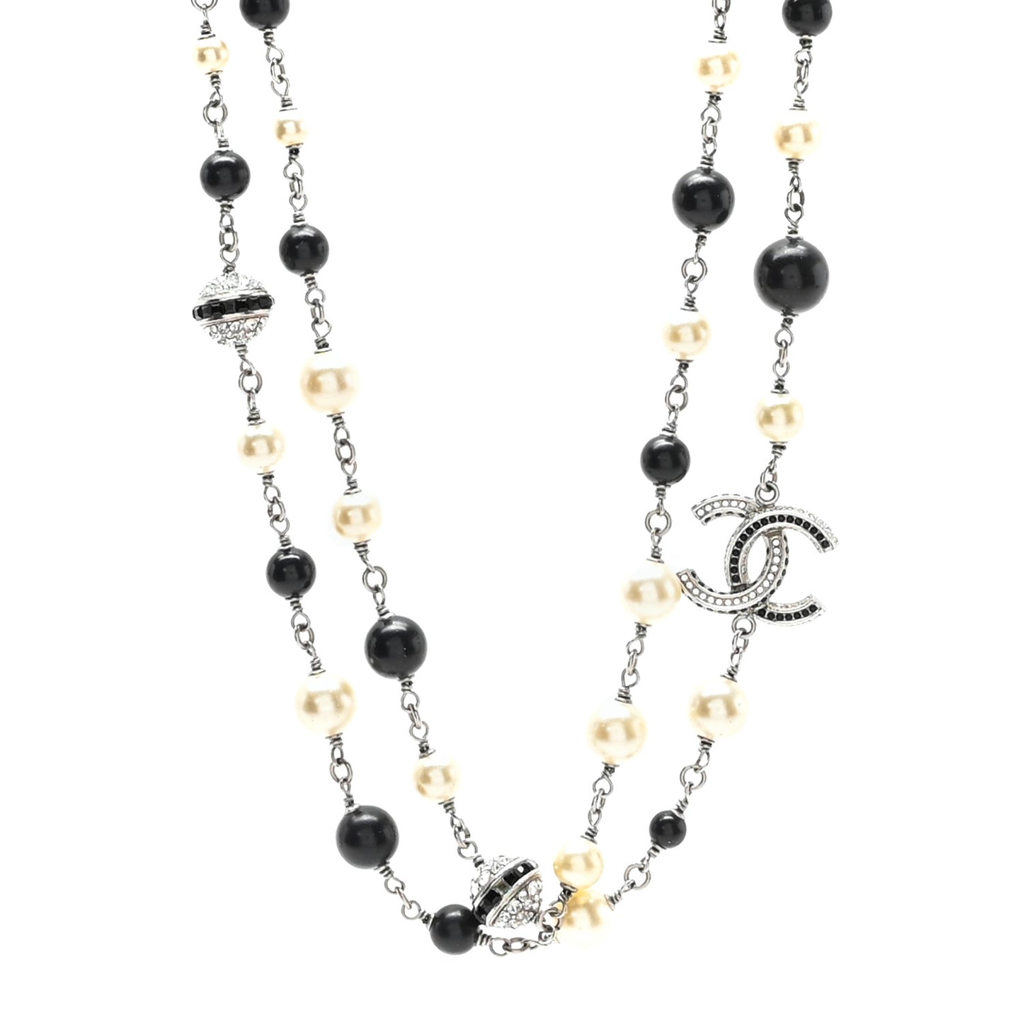 Metal Pearl Crystal Bead CC Long Necklace Silver Black