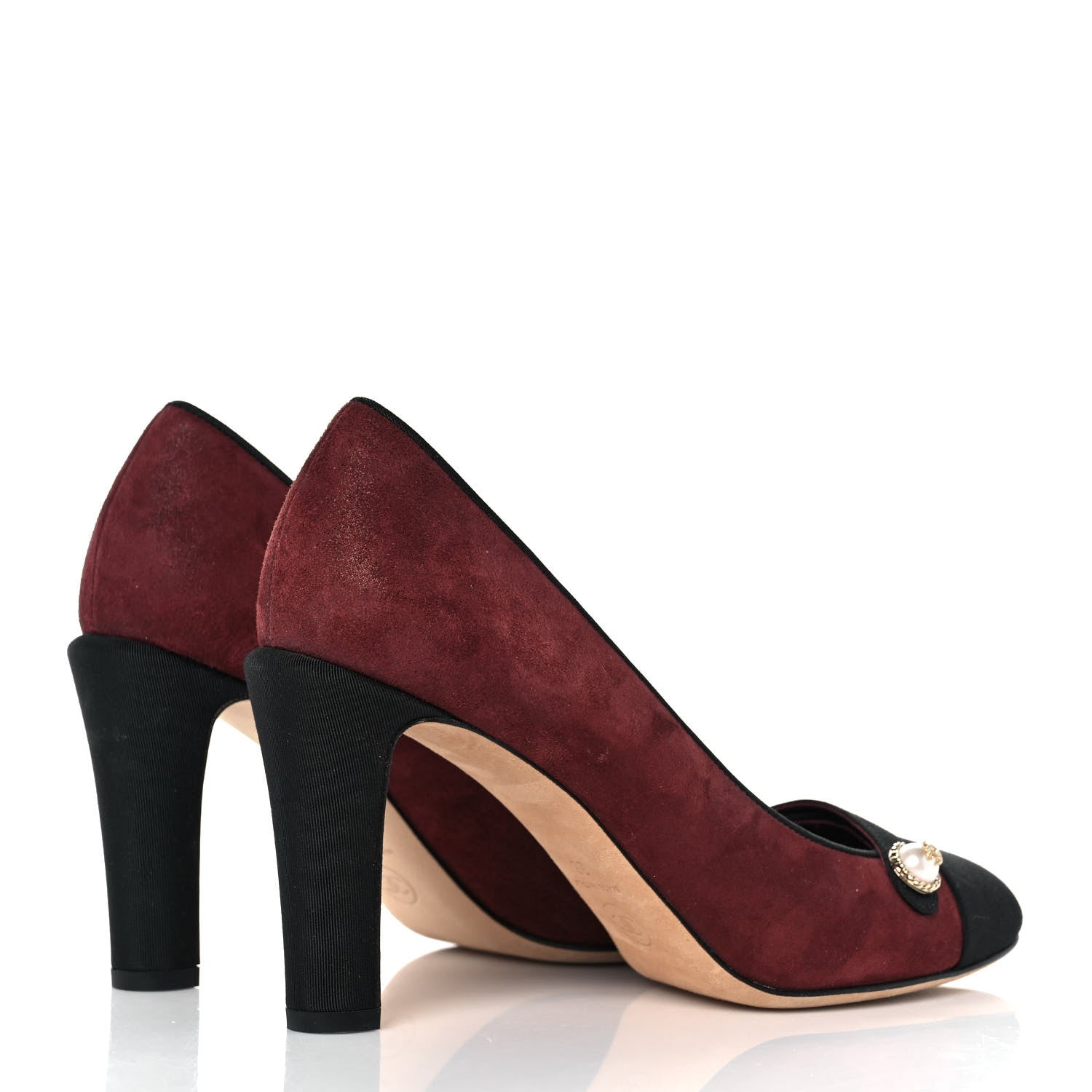 Chanel Glitter Calfskin Grosgrain Cap Toe Pearl Pumps 38 Burgundy Black 4 of 9