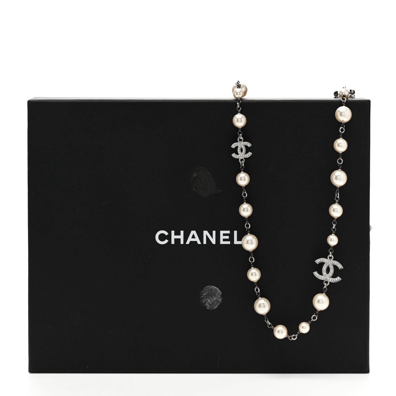 Chanel Graduated Pearl Crystal CC Long Necklace Silver 5 of 5