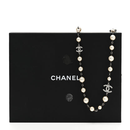 Chanel Graduated Pearl Crystal CC Long Necklace Silver 5 of 5