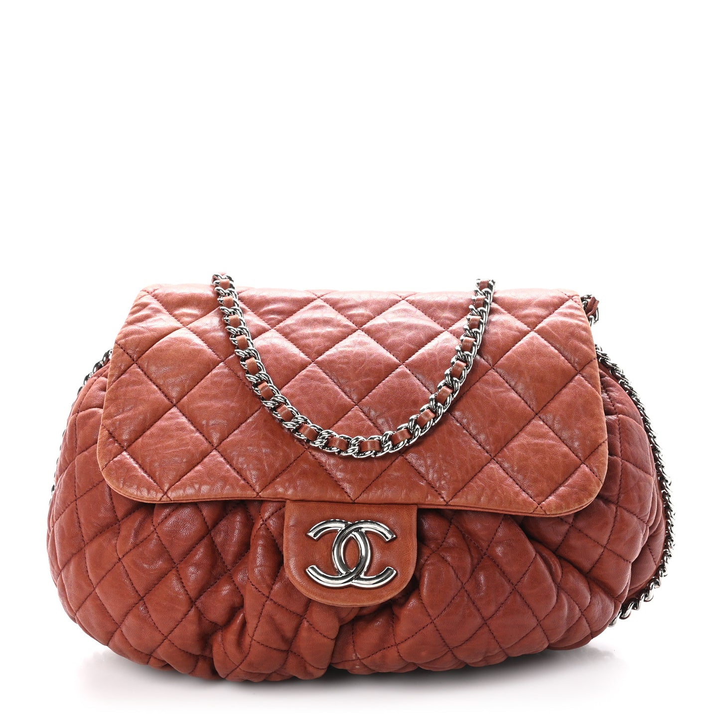 Washed Lambskin Quilted Large Chain Around Messenger Brown