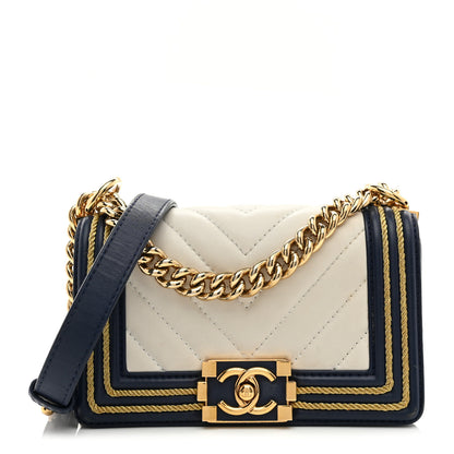 Chanel Calfskin Chevron Quilted Braided Small Boy Flap White Navy 1 of 14