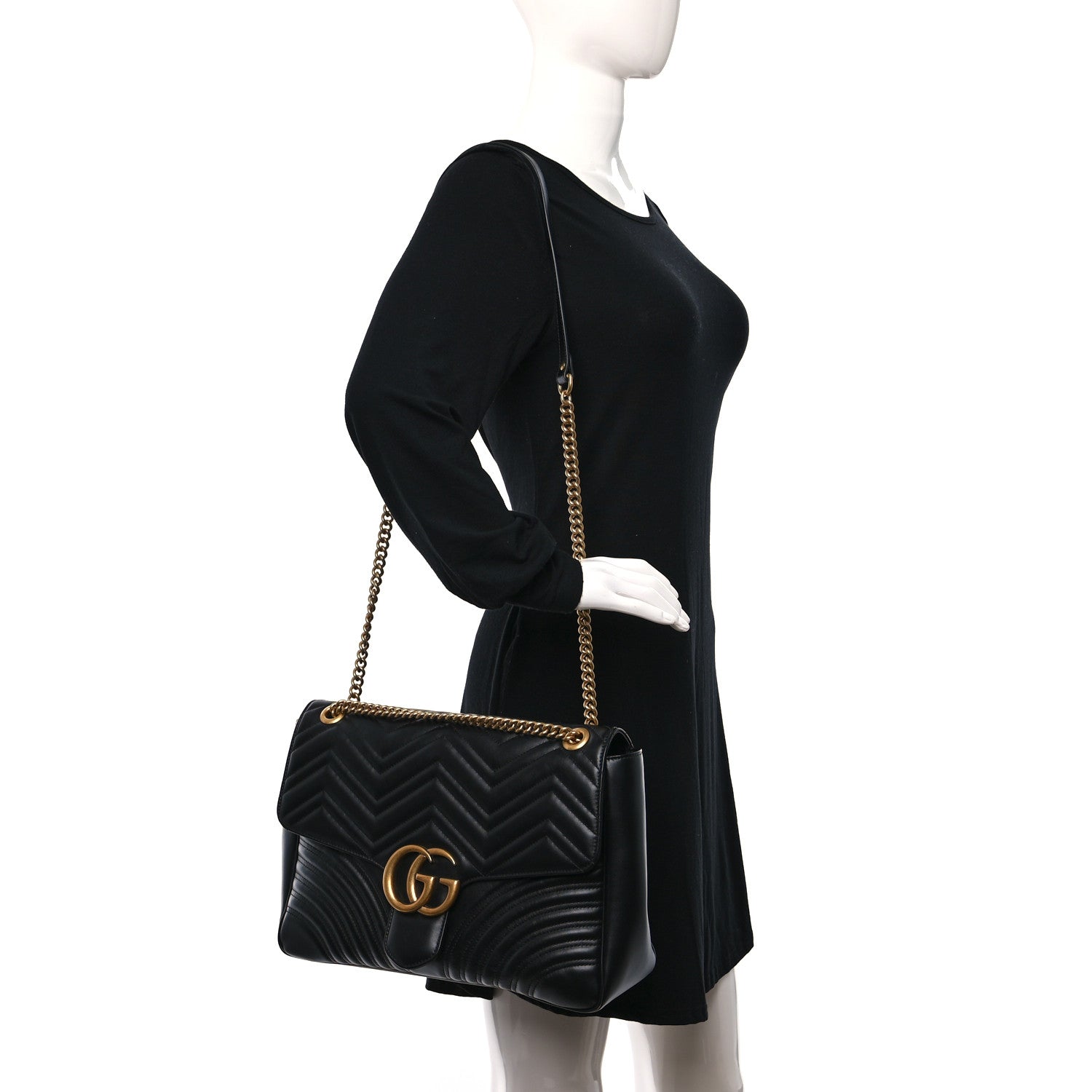 Gucci Calfskin Matelasse Large GG Marmont Shoulder Bag Black 2 of 9