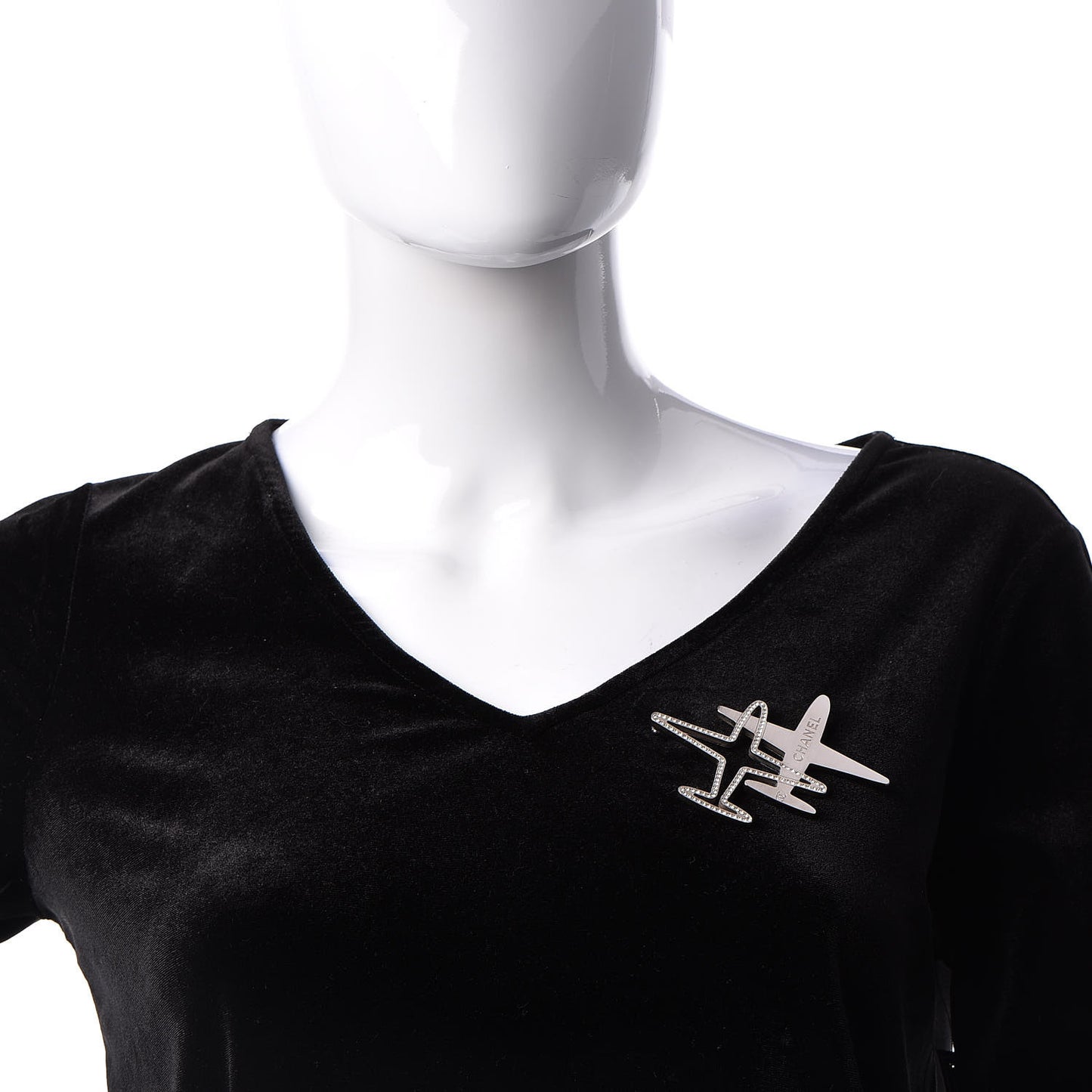 Crystal Metal CC Airplane Brooch Silver