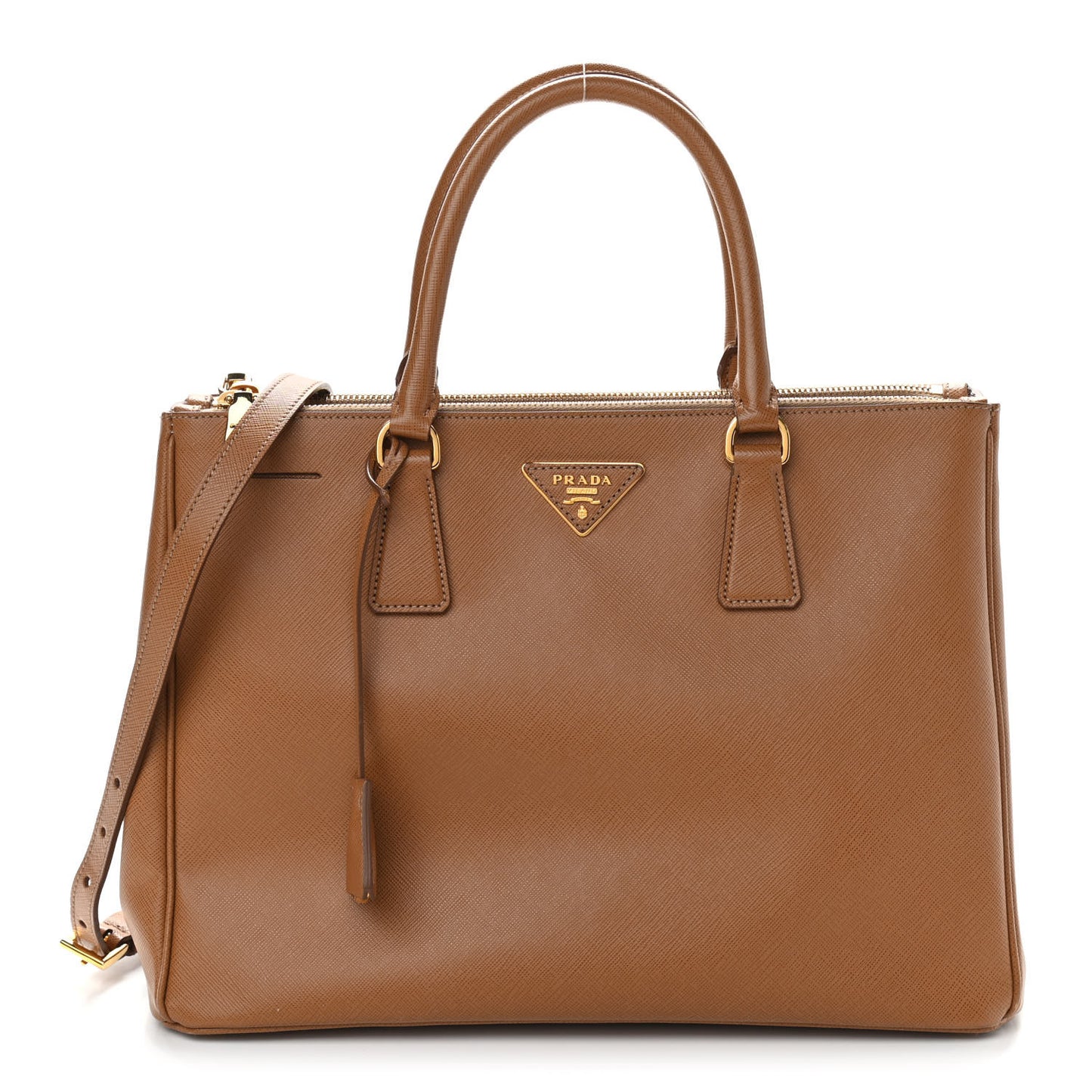 Saffiano Lux Medium Double Zip Tote Caramel