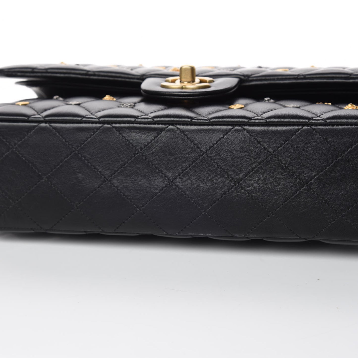 Lambskin Quilted Studded Medium Double Flap Black