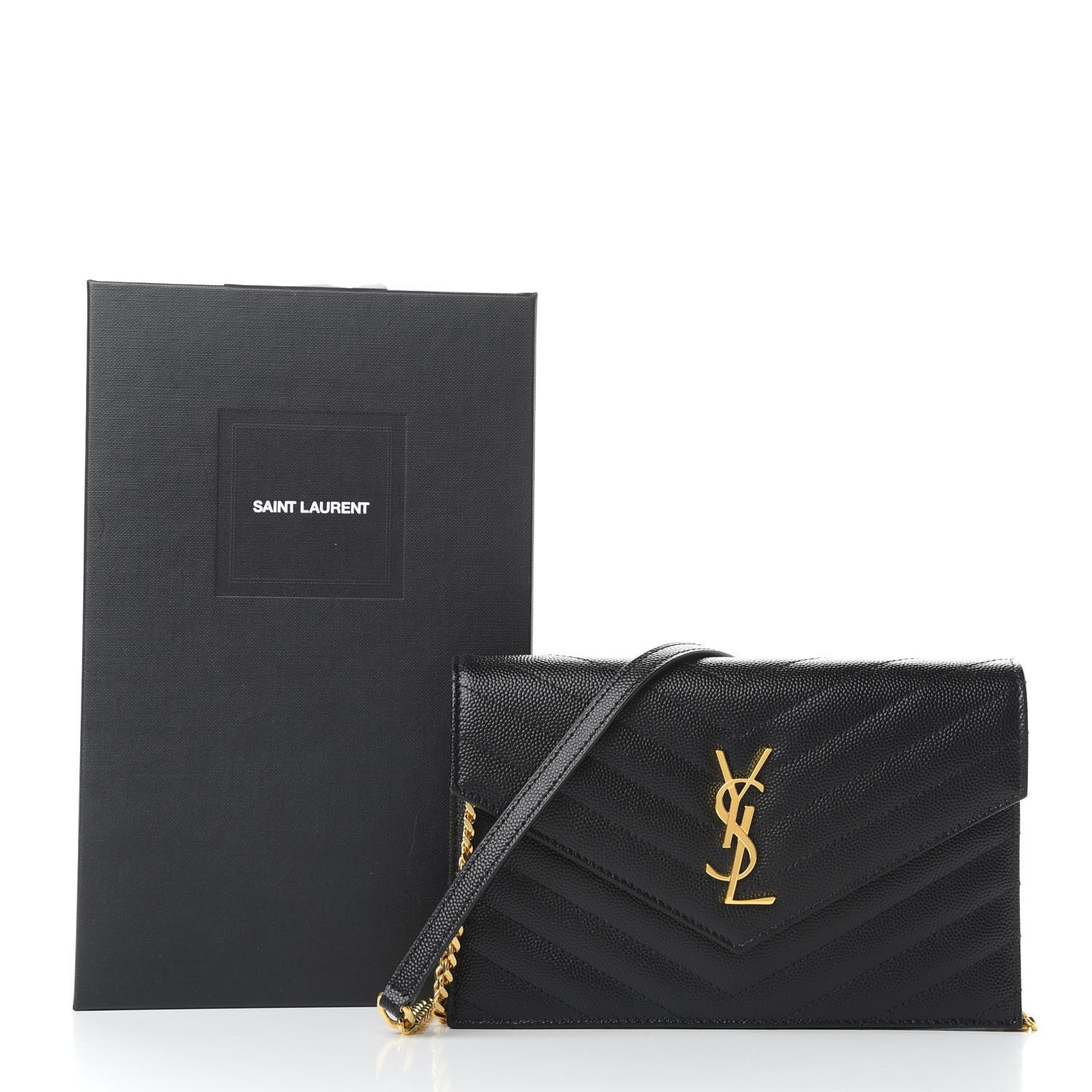Saint Laurent Grain De Poudre Matelasse Chevron Monogram Envelope Chain Wallet Black 10 of 10