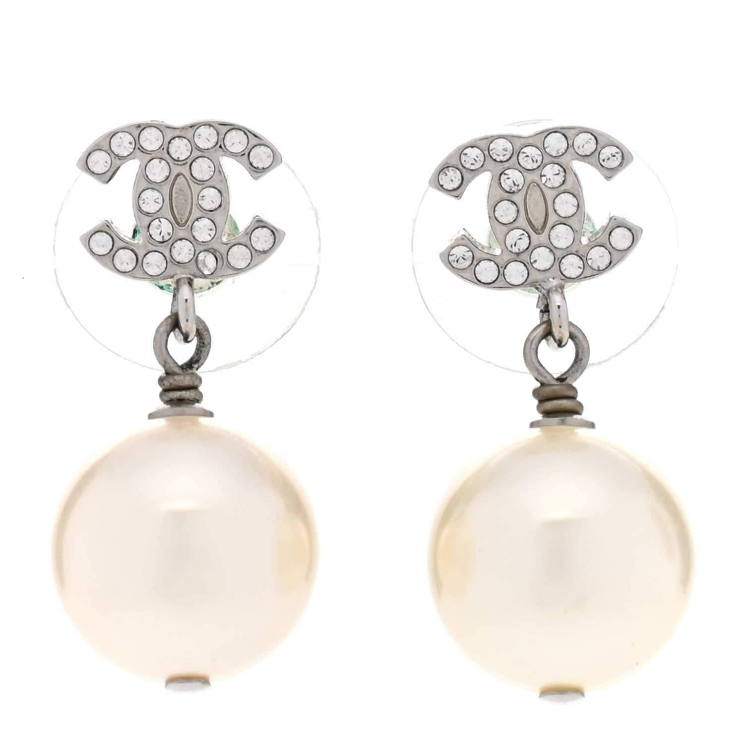 Chanel Crystal Pearl CC Drop Earrings Silver Pearly White 1 of 5