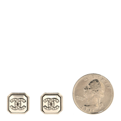 Chanel Pearl Crystal CC Square Earrings Silver 2 of 4
