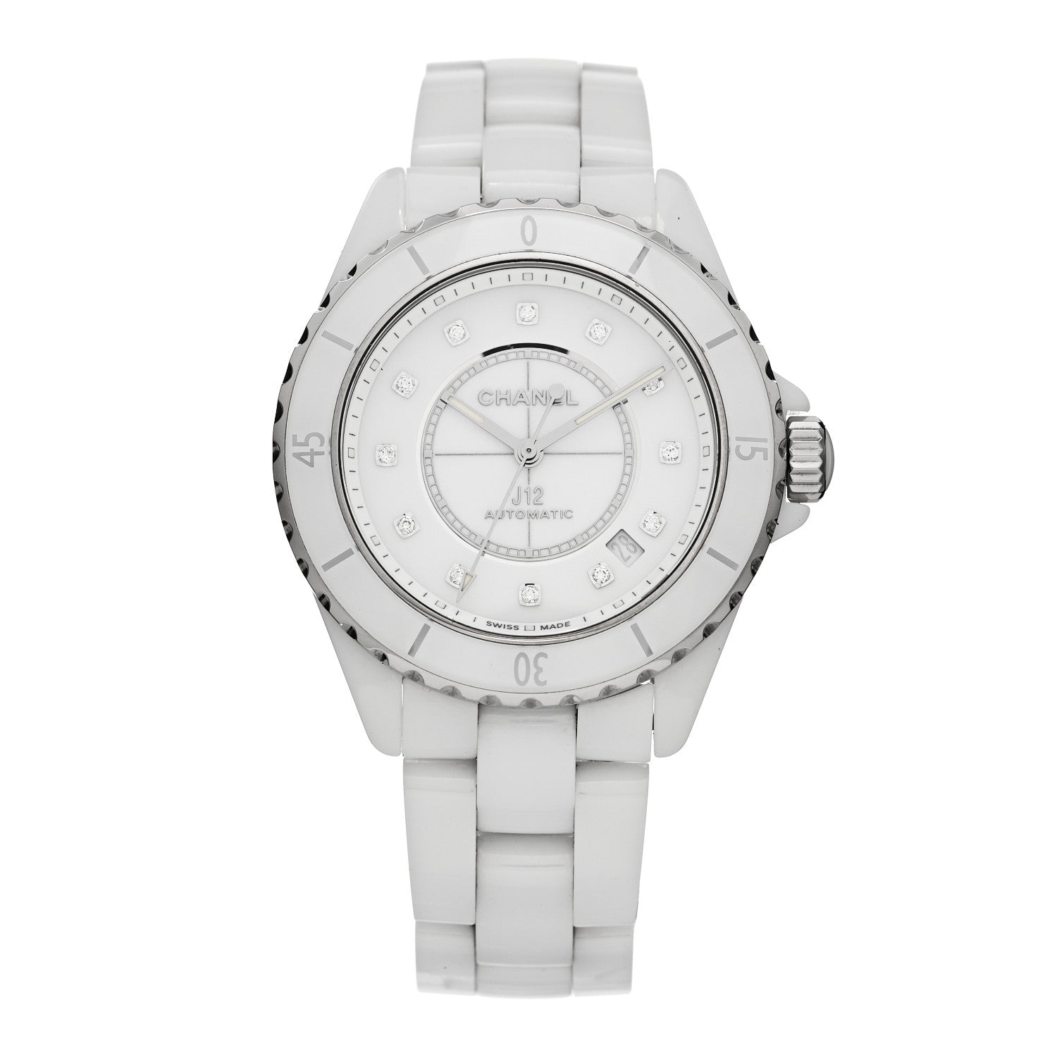Chanel Stainless Steel Ceramic Diamond 38mm J12 Automatic Watch White 1 of 5