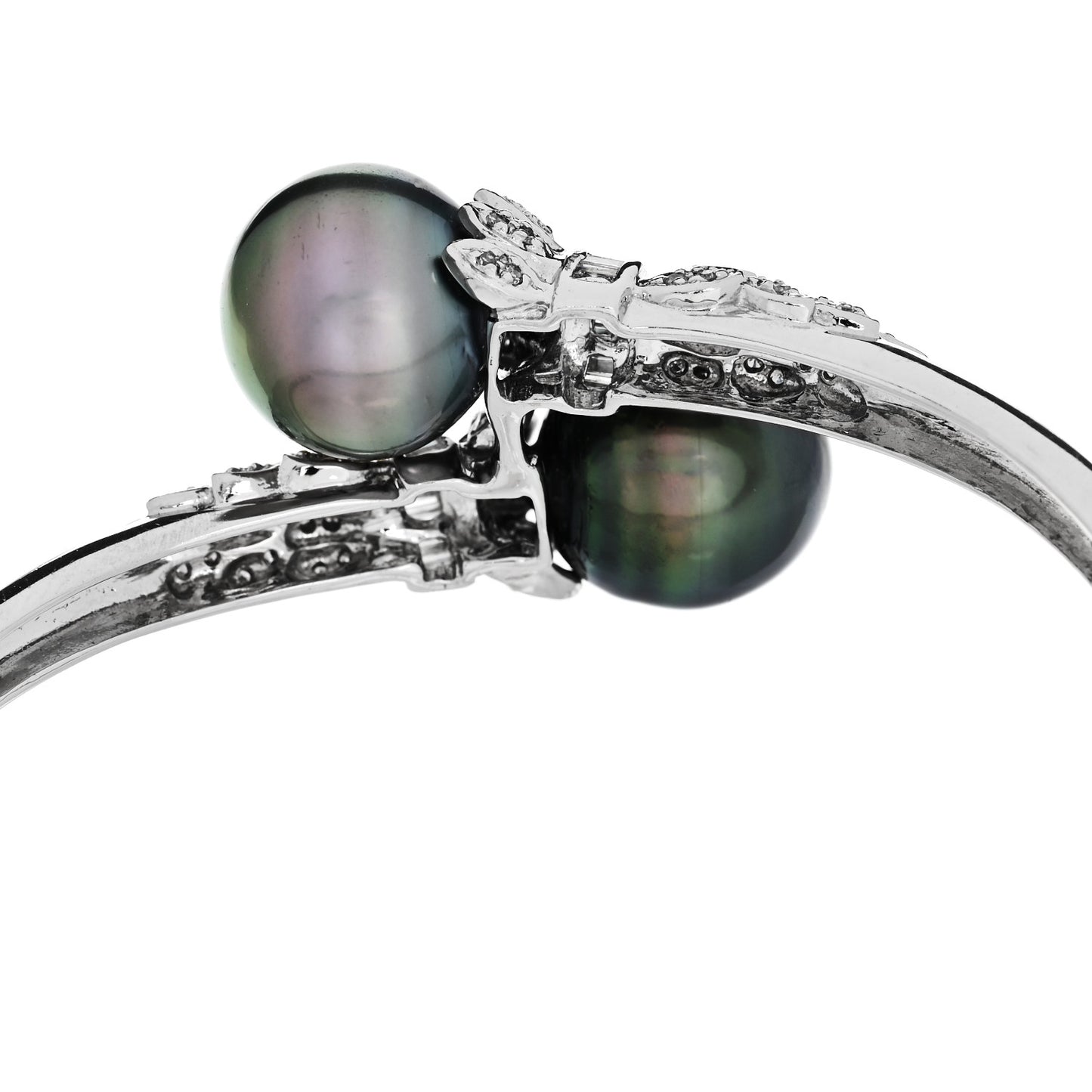 14K White Gold Diamond Black Cultured Pearl .64ct Bypass Bracelet