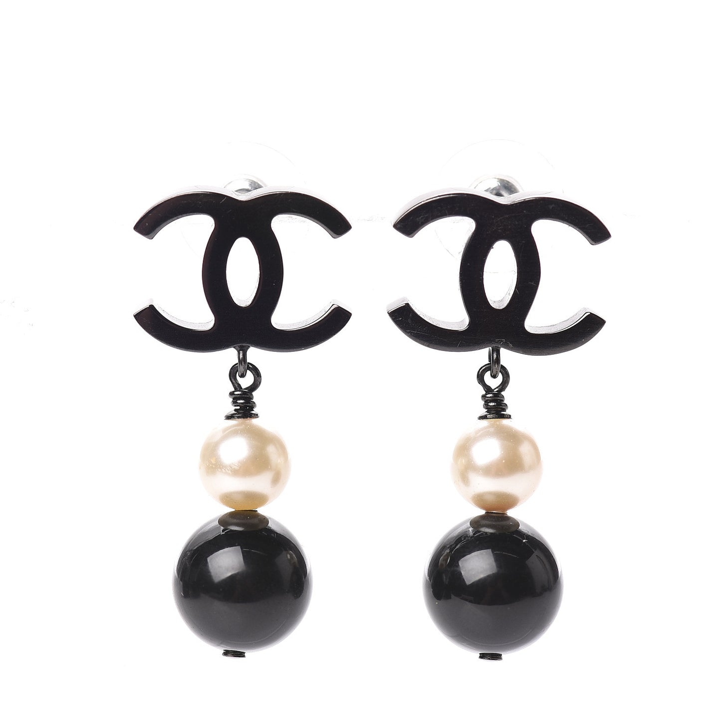 Ruthenium Pearl Bead CC Drop Earrings Black
