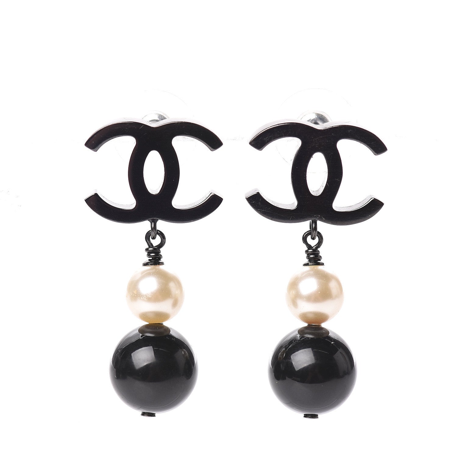 Chanel Ruthenium Pearl Bead CC Drop Earrings Black 1 of 6