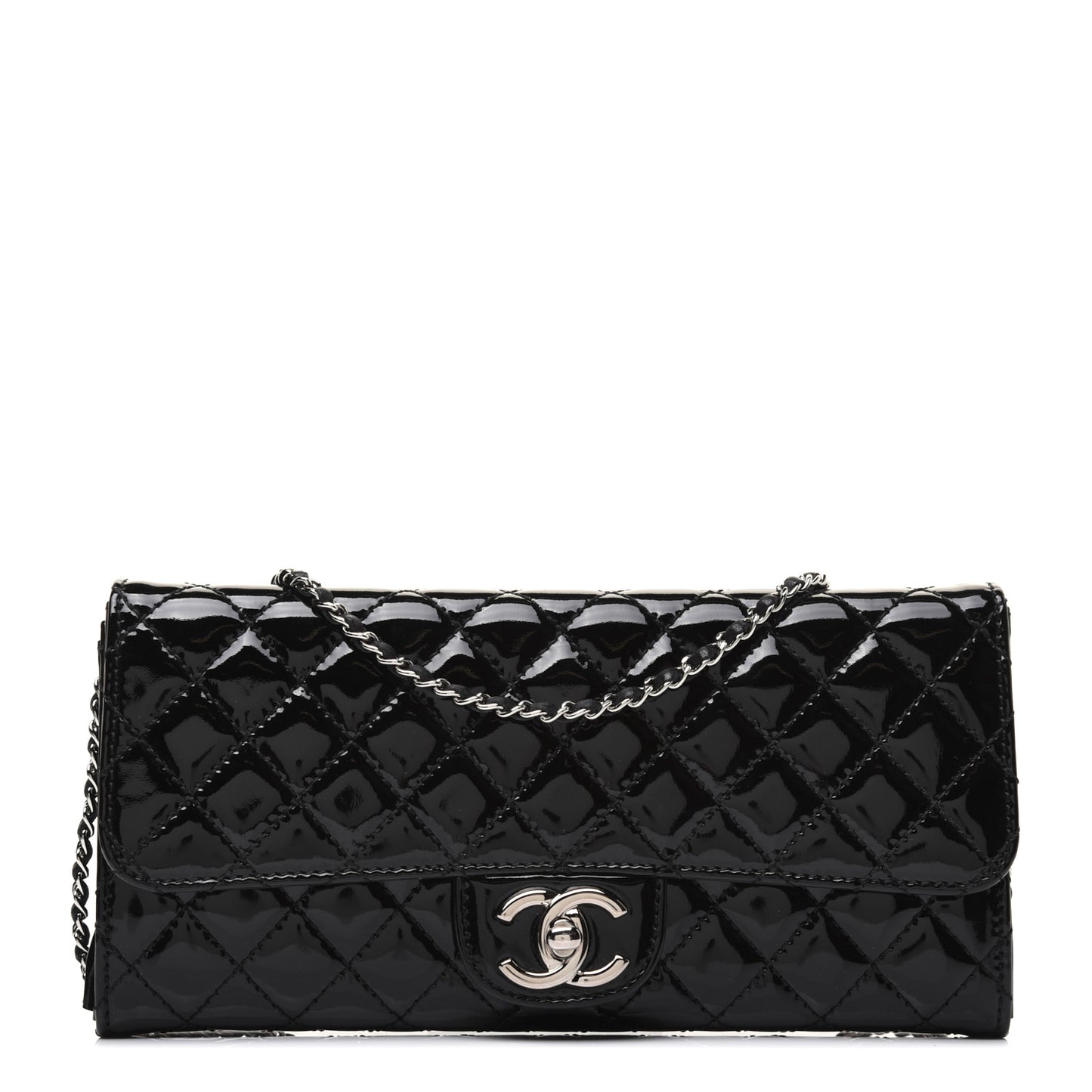 Patent Calfskin Quilted Flap Clutch With Chain Black