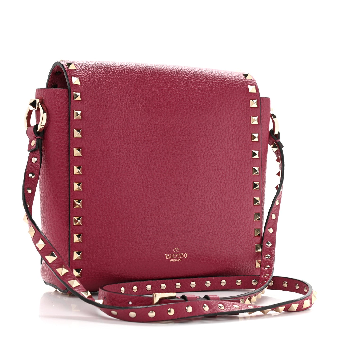 Pebbled Calfskin Rockstud Flip Lock Flap Messenger Raspberry
