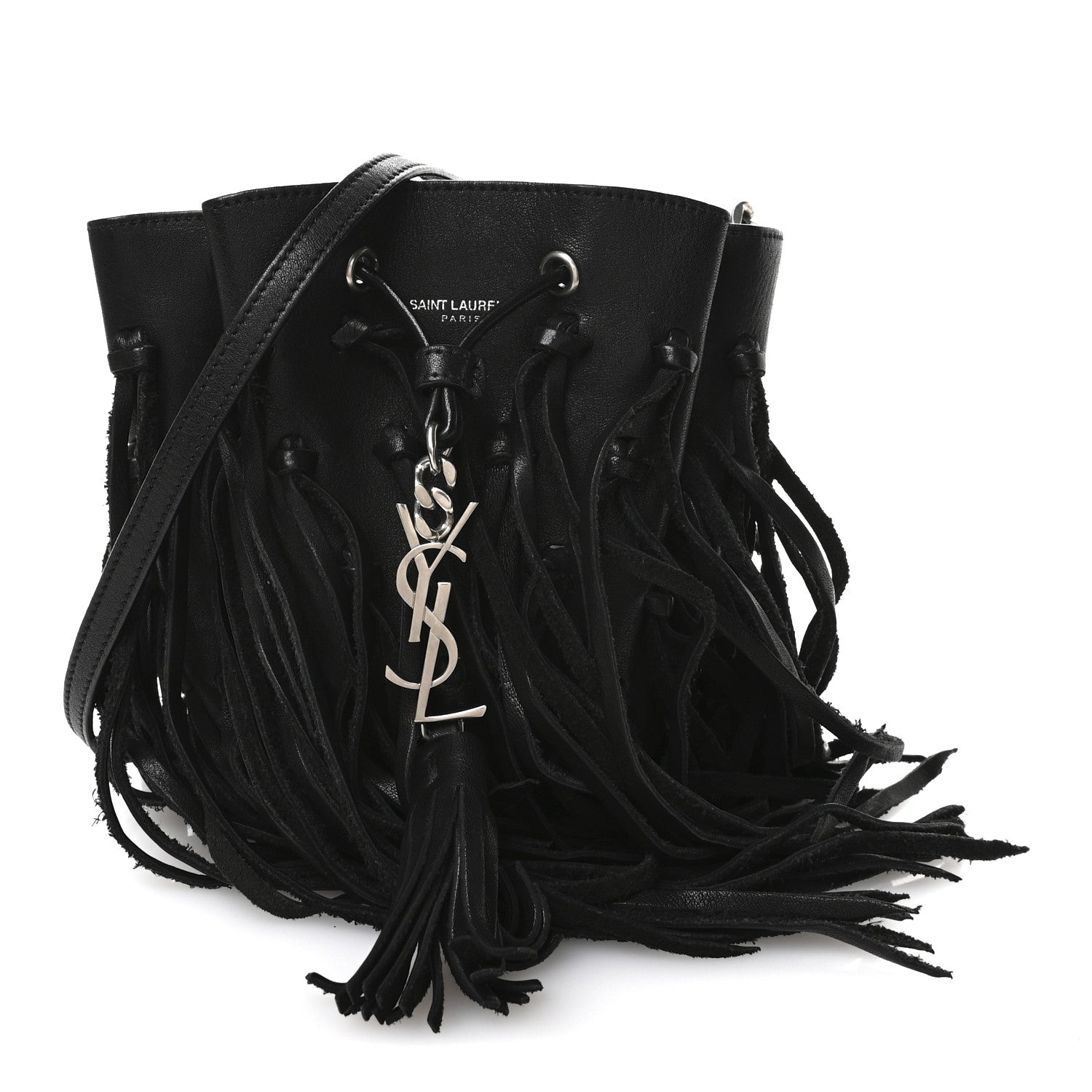 Saint Laurent Calfskin Fringe Monogram Mini Bourse Bucket Bag Black 1 of 10
