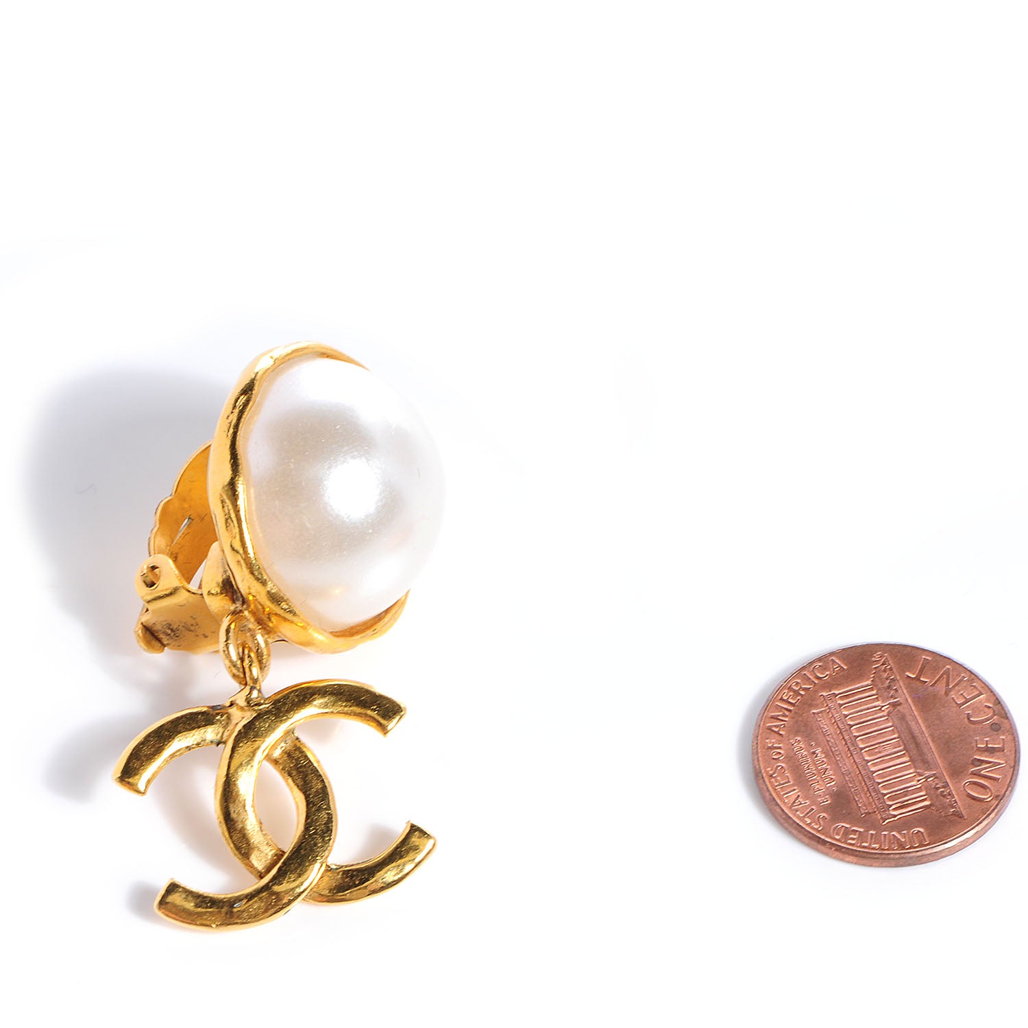 Chanel Pearl Dangle CC Clip On Earrings Gold 2 of 5