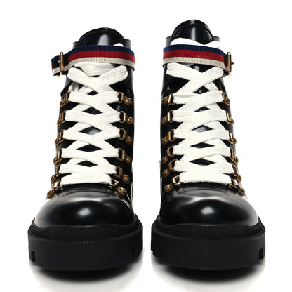 Gucci Calfskin Sylvie Web Lace Up Combat Boots 38 Black 2 of 8