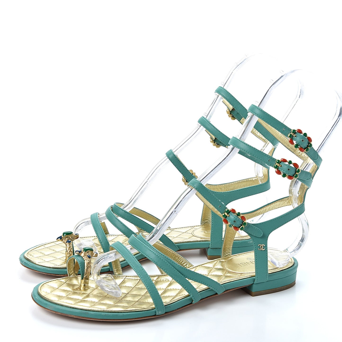 Lambskin Gripoix Flat Sandals 38 Green