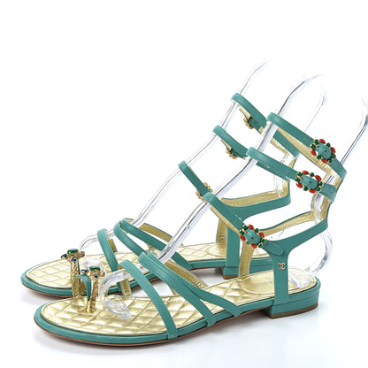 Chanel Lambskin Gripoix Flat Sandals 38 Green 3 of 8