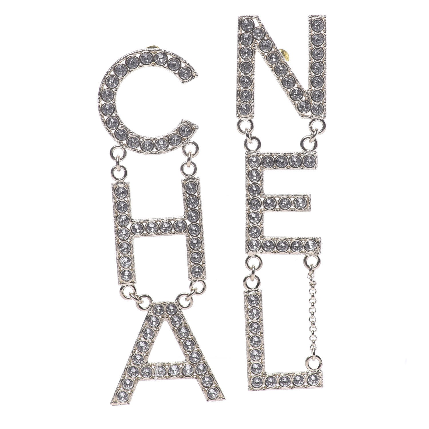 Chanel Crystal Cha-Nel Logo Drop Earrings Gold 1 of 5