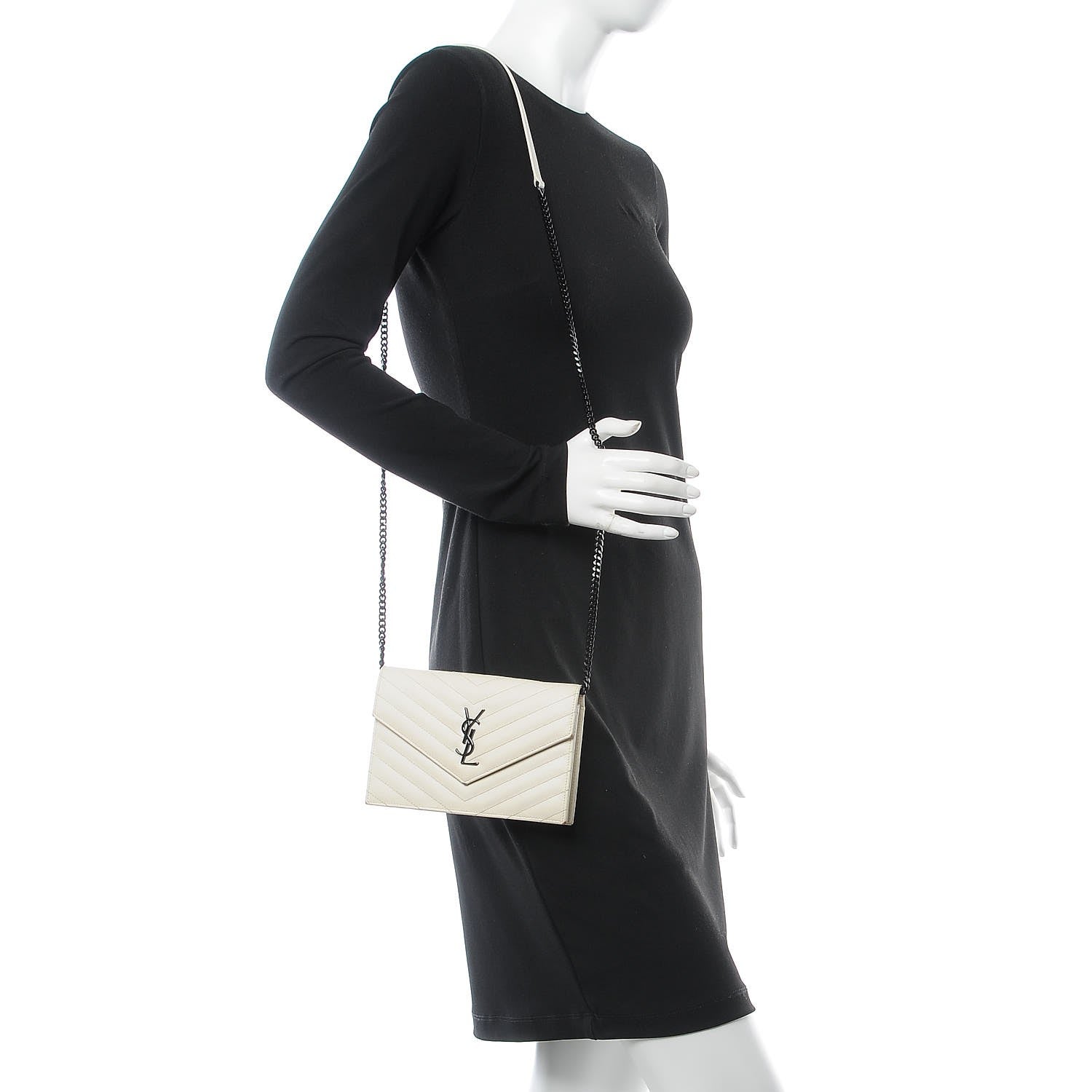 Saint Laurent Grain De Poudre Matelasse Chevron Monogram Envelope Chain Wallet Dove White 3 of 17