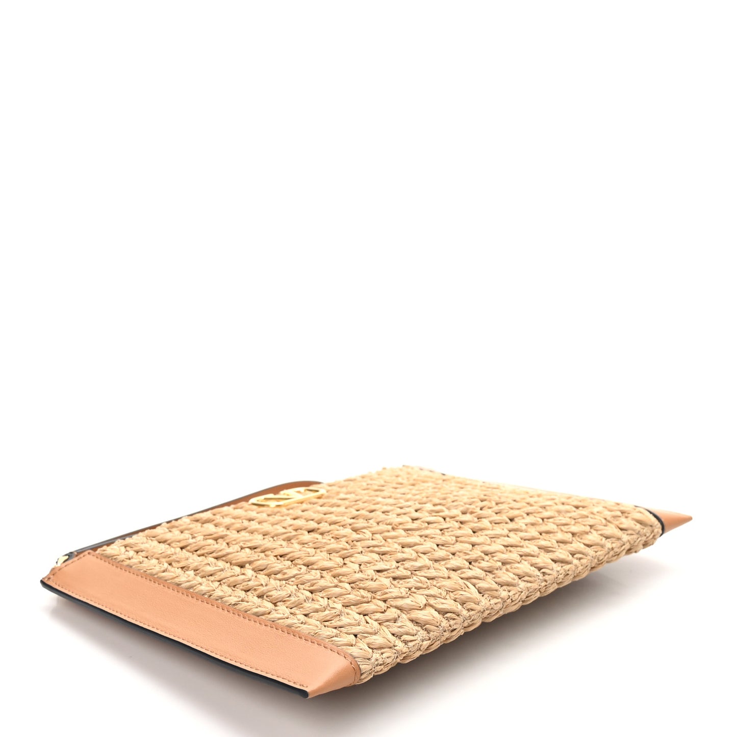 Raffia Calfskin Vlogo Zip Pouch Naturale Brown
