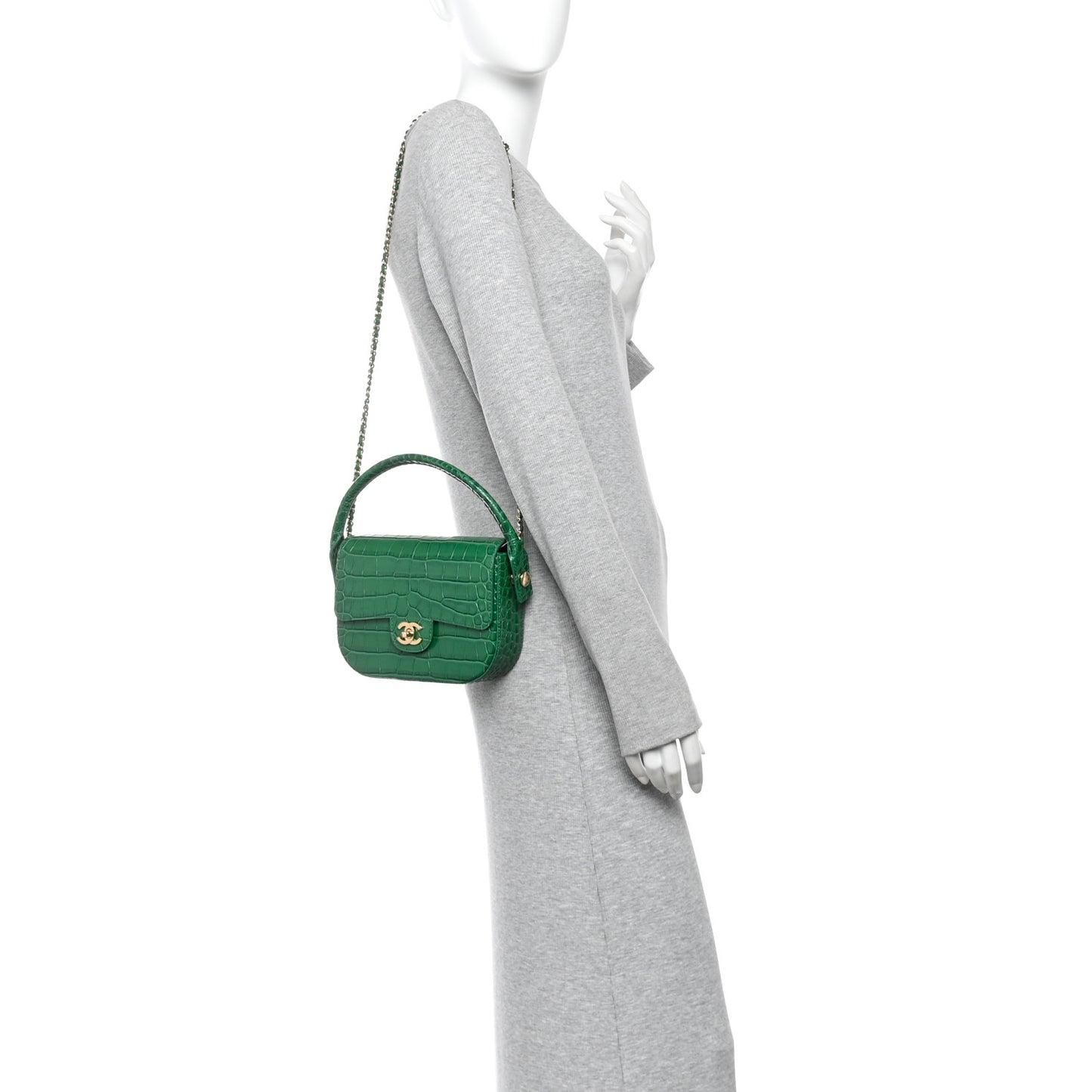 Calfskin Crocodile Embossed Turn Around Mini Flap Emerald