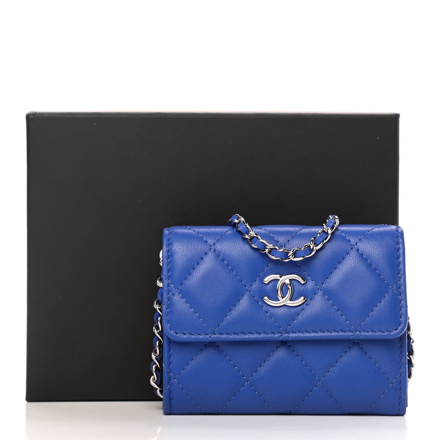Lambskin Quilted Flap Card Holder On Chain Blue