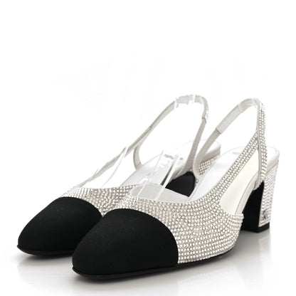 Chanel Strass Grosgrain Cap Toe CC Slingback Pumps 37 Silver Black 3 of 8