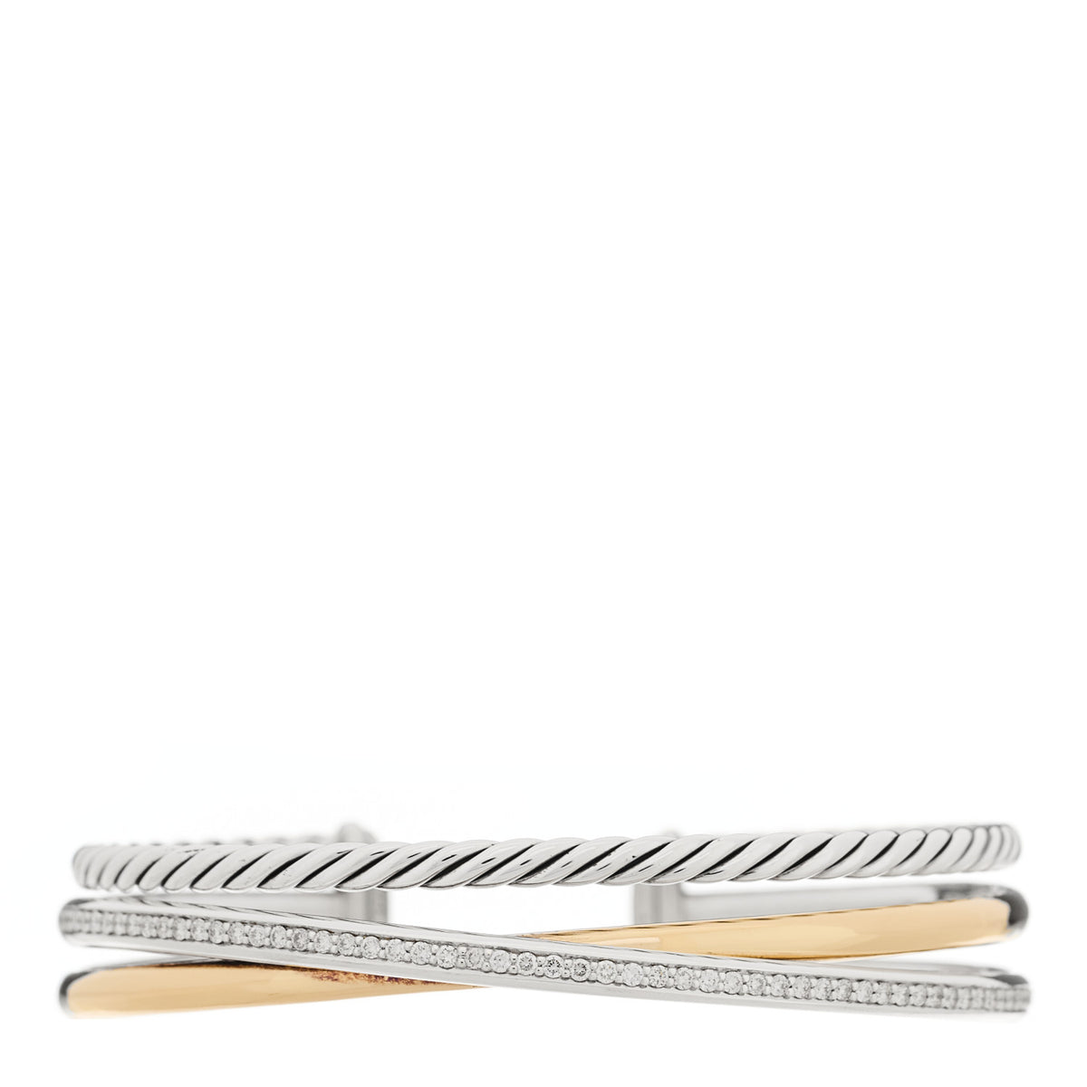 David Yurman Sterling Silver 18K Yellow Gold Diamond Crossover Three Row Cuff Bracelet 1 of 3
