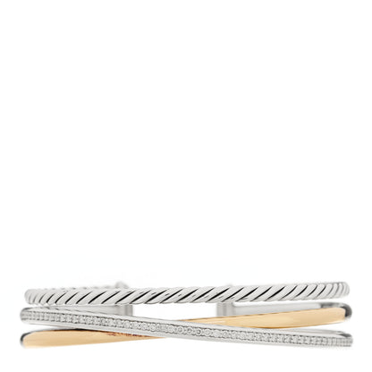 David Yurman Sterling Silver 18K Yellow Gold Diamond Crossover Three Row Cuff Bracelet 1 of 3