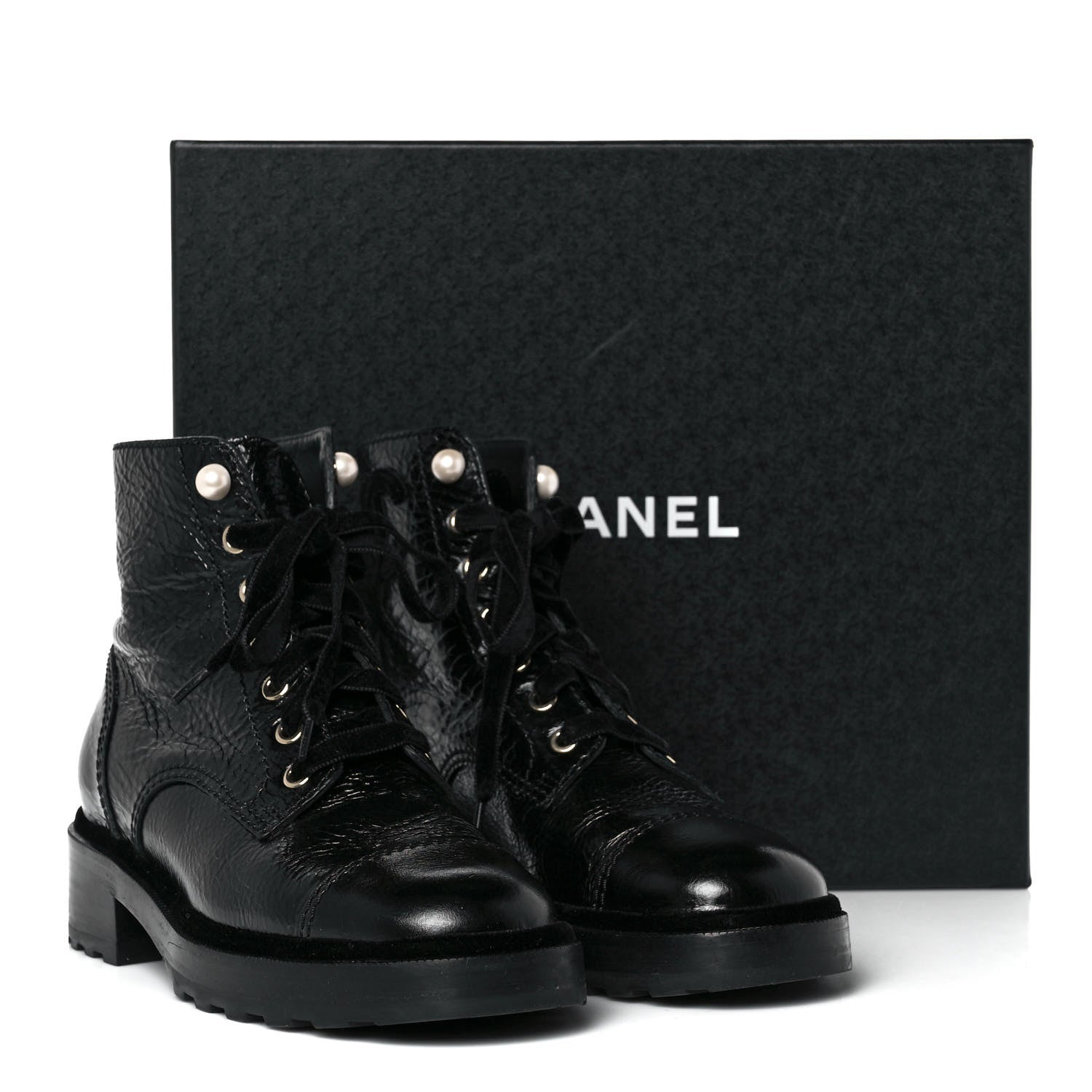 Chanel Shiny Calfskin Velvet Pearl Combat Short Boots 38.5 Black 13 of 13