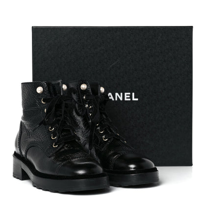 Chanel Shiny Calfskin Velvet Pearl Combat Short Boots 38.5 Black 13 of 13