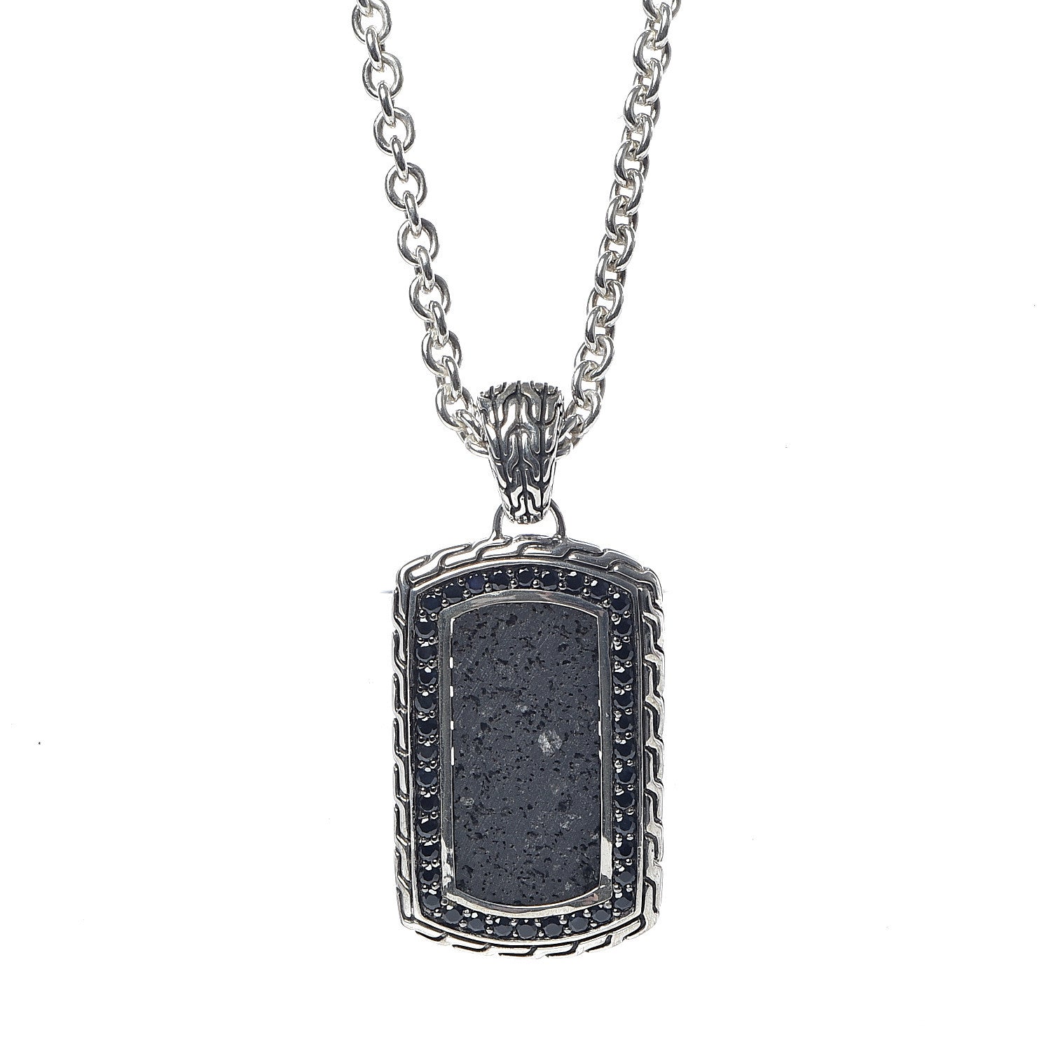 John Hardy Sterling Silver Black Sapphire Lava Rock Dog Tag Necklace 4 of 7